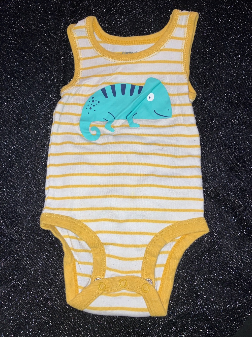 3/$15 Carter's Yellow & White Striped Tank One-Piece with Turquoise Chameleon